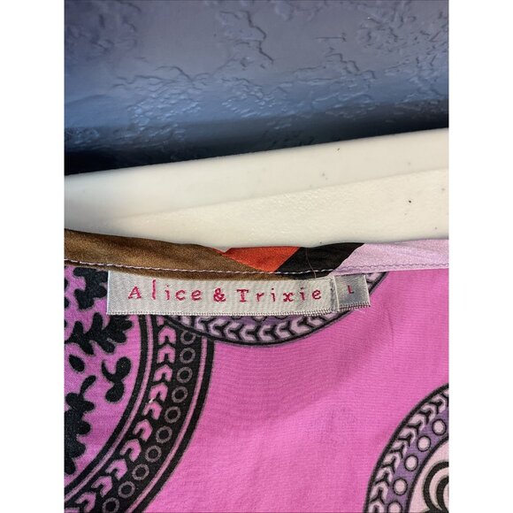 Alice &‎ Trixie Silk colorful 70's Blouse Top 3/4 Sleeve Size L cold shoulder - Picture 8 of 10